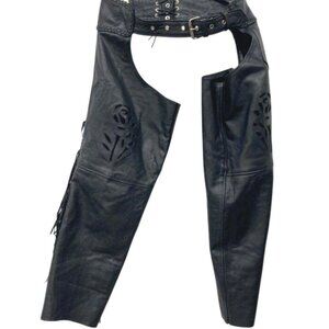Road Dawgs Place Women's Black Leather Motorcycle Chaps With Rose Cutout Design